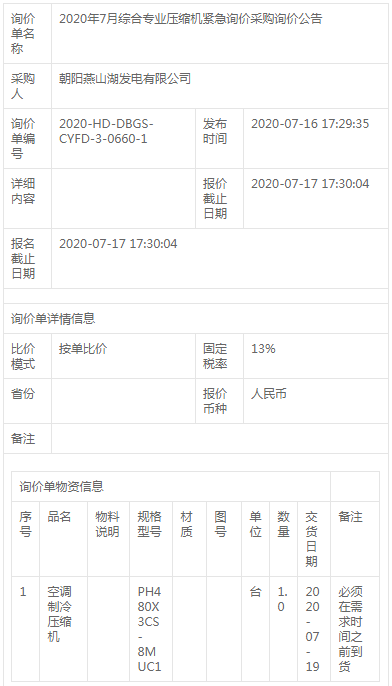 2020年7月綜合專業(yè)壓縮機(jī)緊急詢價(jià)采購詢價(jià)公告