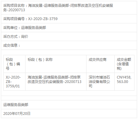 海油發(fā)展運(yùn)維服務(wù)品類(lèi)部閉排泵改造及空壓機(jī)采購(gòu)結(jié)果