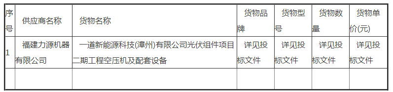 一道新能源科技(漳州)有限公司光伏組件項目二期工程空壓機及配套設(shè)備中標(biāo)公告